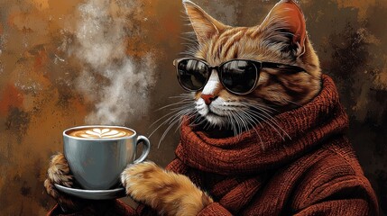 Cat wearing sweater holding coffee