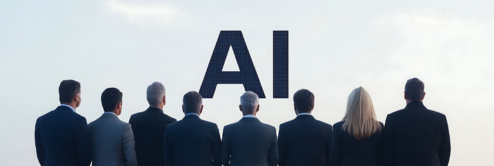 Team faces the future of AI. A group of professionals stands together, looking at the horizon, symbolized by a large AI icon. Unity and foresight for progress.