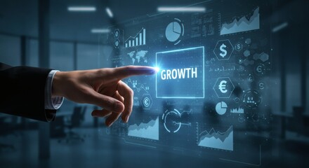 Hand Touching Glowing Growth Button on Blue Digital Interface