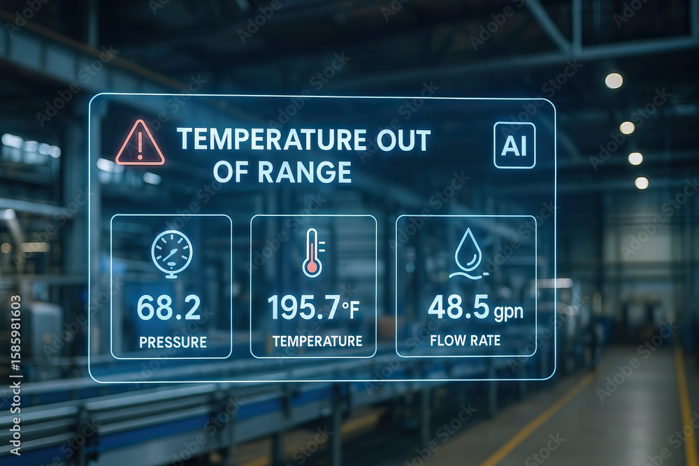 Poster temperature out of range warning displayed on futuristic digital interface showing pressure, tempera