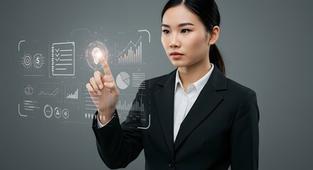 Focused Businesswoman Interacting with Futuristic Holographic Interface Displaying Financial Data and Innovative Ideas