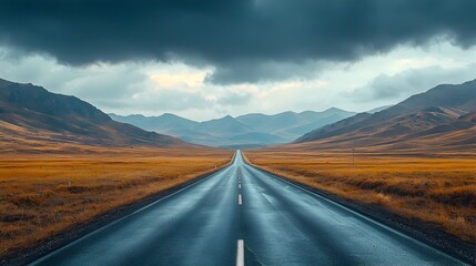 Dramatic Mountain Pass Road Through Golden Plains and Cloudy Sky