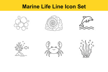 Fototapeta premium Collection of Simple Marine Life Line Icons Six black line icons depicting various sea creatures