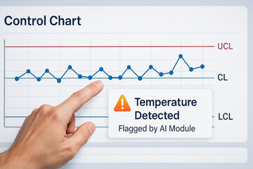 Control chart with data points and hand pointing at graph, showing warning message for temperature detected flagged by AI module, indicating monitoring and alert system