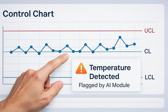 Control chart with data points and hand pointing at graph, showing warning message for temperature detected flagged by AI module, indicating monitoring and alert system