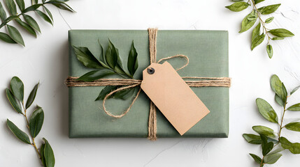 Elegant Green Gift Wrapped with Natural Twine and Foliage Accents