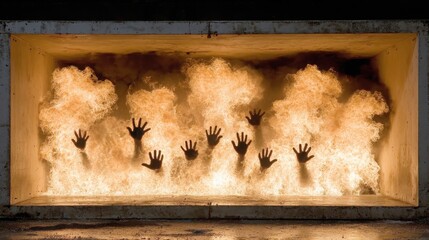 Halloween concept Behind the Trapdoor Lies a Fiery Pit with Demon Hands Reaching Out in a Dramatic and Intense Scene