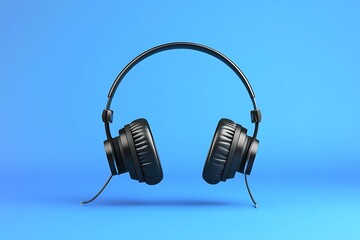 Black over-ear headphones on blue background for music listening and entertainment experience