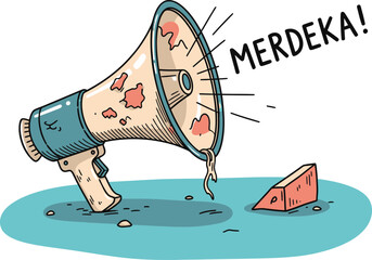 Cartoon Megaphone Shouting MERDEKA for Freedom and Independence.