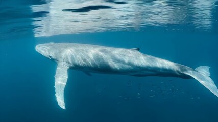 Humpback Whale Swimming Gracefully in Azure Blue Ocean Water with Sunlight Reflections in Tropical Scenery - Powered by Adobe