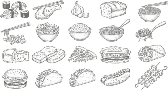 Naklejki Delicious food doodles showcase a variety of culinary items