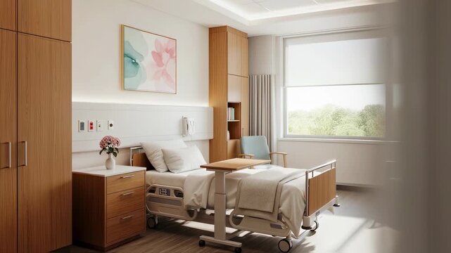 Empty hospital room is equipped with adjustable bed, bedside table, overbed table, comfortable visitor chairs, and large window providing natural light, creating a calm and healing environment