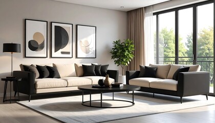 Fototapeta premium Modern living room with beige and black furniture and art