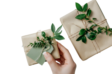 Eco-friendly gifts hand holding a small package nature theme