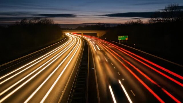 Traffic Moves Swiftly on Highway at Sunset With Trails of Light in the Evening Sky