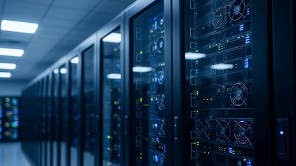 Working server racks with blinking led lights are standing in contemporary data center with blue light, performing high tech cloud computing and internet big data processing - Powered by Adobe