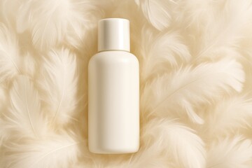 White Cosmetic Bottle on Soft Feather Background