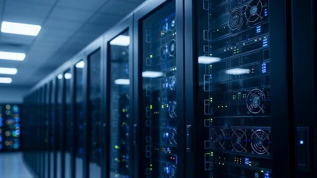 Working server racks with blinking led lights are standing in contemporary data center with blue light, performing high tech cloud computing and internet big data processing - Powered by Adobe