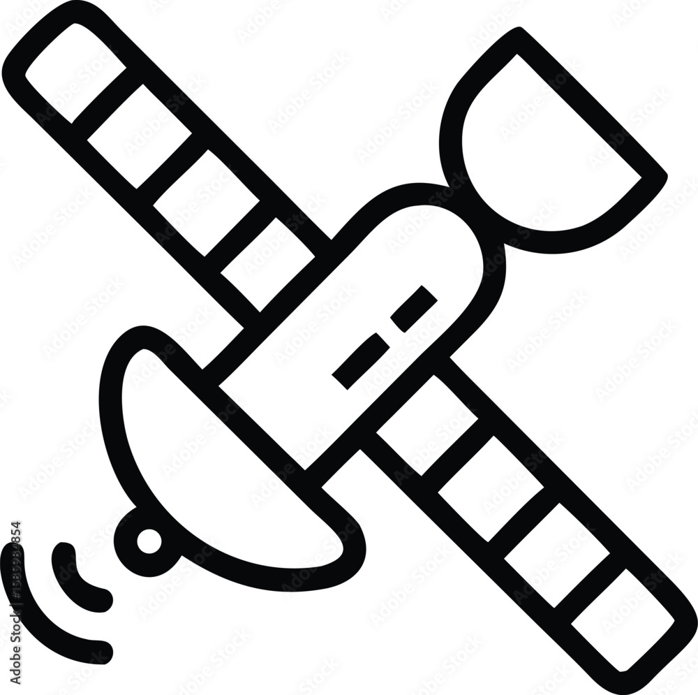 Poster satellite with antennas, panels and signal waves in simple outline style vector