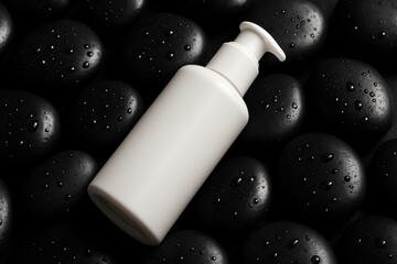 White Cosmetic Bottle on Wet Black Spa Stones