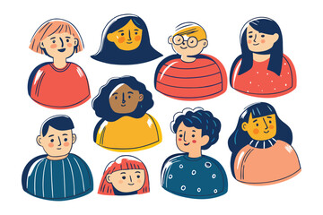 Diverse People Icons: A collection of diverse illustrated avatars representing various ethnicities, genders, and hairstyles. Perfect for websites, social media.