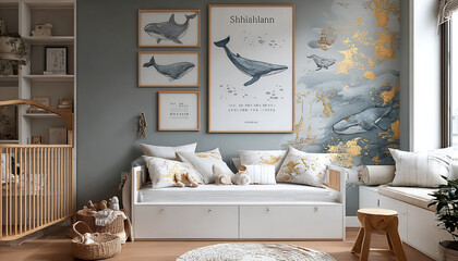 Elegant children's room with a nautical theme in shades of gray and gold. An artistic whale mural and a multifunctional bed create a sophisticated and welcoming environment for children.
