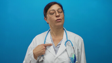 Woman doctor finger pointing to stethoscope against bright blue studio wall while head tilted and...
