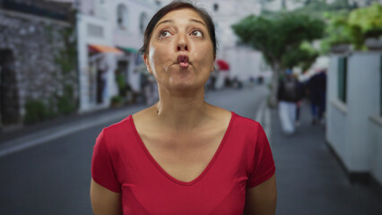 Woman puckers lips and tilts head slightly as if whistling while standing on urban street under...
