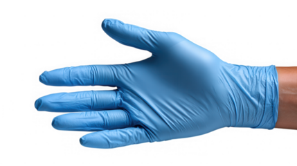 Close up of a blue nitrile glove on a hand isolated on transparent background