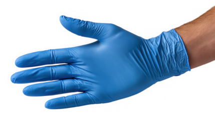 Close up of a blue nitrile glove on a human hand isolated on transparent background