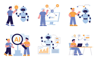 AI and Human Interaction Concept in Flat Style Featuring People Using Apps for Learning, Working, and Task Automation in a Minimal Vector Scene on White

