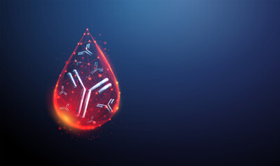 Antibodies inside blood drop. Immunology, serological testing, diagnostics, immune system, monoclonal therapy, biotechnology medicine concept. Low poly style