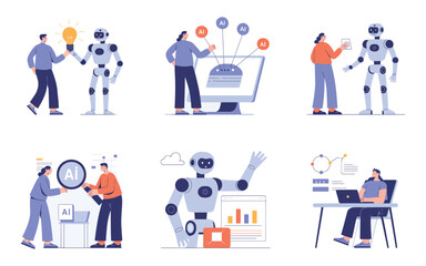 People Using Artificial Intelligence Apps for Work, Study, and Productivity in the Modern World Illustrated in Flat Vector Style Isolated on a Clean White Background

