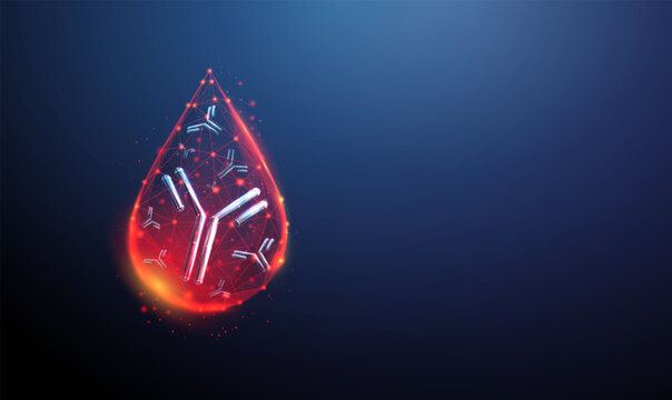 Antibodies inside blood drop. Immunology, serological testing, diagnostics, immune system, monoclonal therapy, biotechnology medicine concept. Low poly style