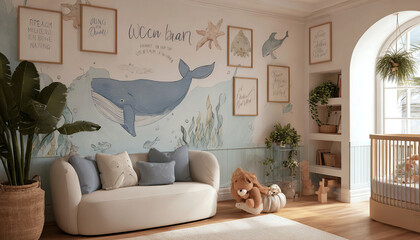 Charming nursery with whale mural, soft ocean theme, and crib. A peaceful and lovingly decorated space, perfect for the arrival of a new family member.