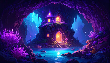 Enchanted Cave House Pixel Art Illustration