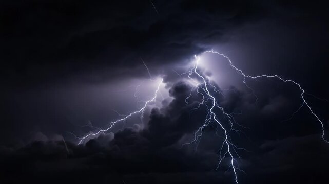 Dramatic Lightning Strikes Illuminate a Stormy Night Sky Over a Cityscape