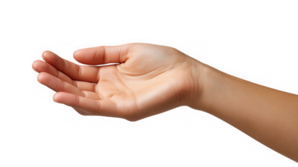Open human hand reaching out with palm up isolated on transparent background