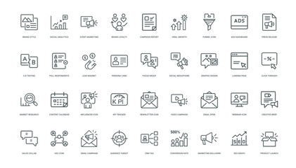 marketing icons social analytics icon data review comprehensive collection, growth analysis reporting progress