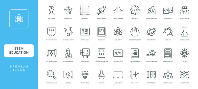 stem education science technology engineering mathematics collection line icons, Binary Chalkboard Renewable energy code Tablet