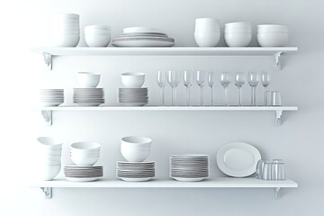 Organized White Dishes and Glassware Displayed on Shelves Against White Wall