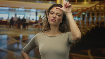 Young hispanic woman making loser gesture with hand framing an l shape on forehead in hotel...