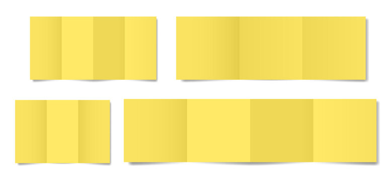 Set of yellow folded paper sheets. Double gate fold. Vertical pages. Blank booklet. Four panel accordion fold