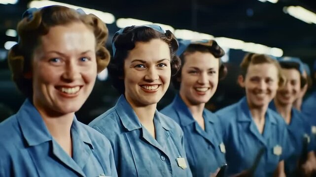 Smiling factory workers in blue uniforms, assembly line background, historical industry image