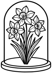 Black and white vector illustration of narcissus flowers with leaves in a glass dome. Ideal for laser cut, engraving, tattoos, prints, and coloring