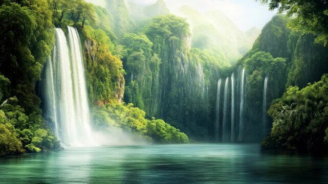 majestic tropical waterfall in fantasy jungle landscape, lush forest with cascading water, 3d animation loop