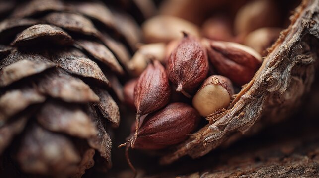 Hazelnuts nestled in a pine cone shell