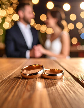 Obrączki ślubne - w tle para młoda