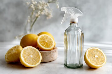 Still Life of Lemons, Glass Bottle, and Baby's Breath, Cleanliness Concept