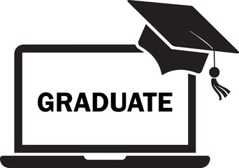 Laptop computer screen displaying the word graduate with a graduation cap on top